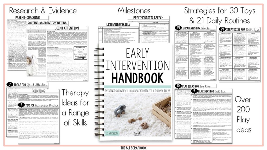 Image shows a break down of different sections from the Early Intervention Handbook, including evidence, milestones, therapy ideas, and strategies for both play-based and routine-based parent coaching sessions.