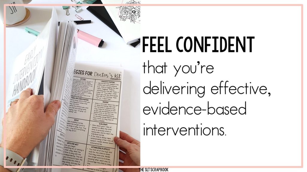 Image on the right shows the Early Intervention Handbook partially open. On the right the text reads "feel confident that you're delivering effective evidence-based interventions".