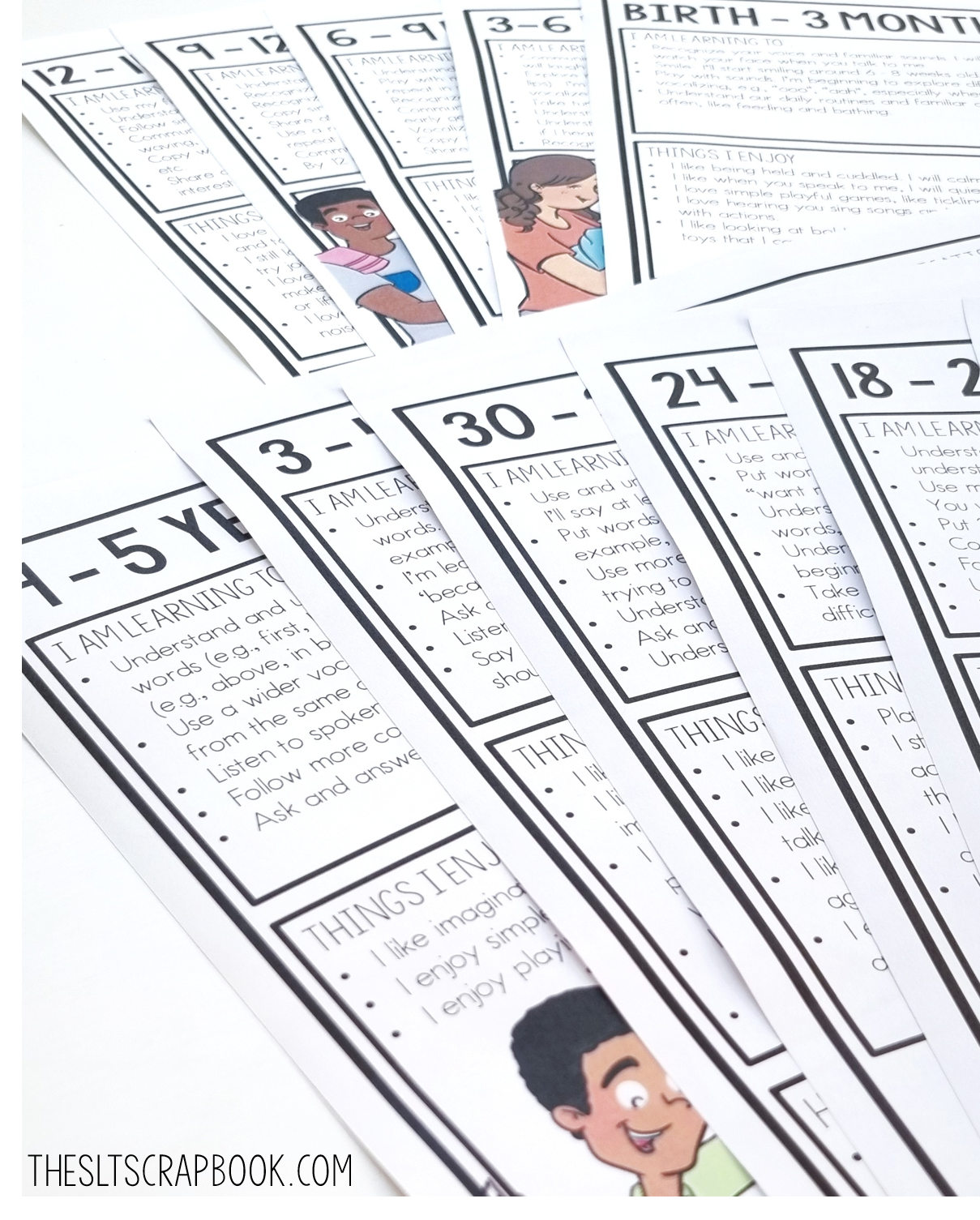 A picture of a set of parent-friendly communication development handouts arranged on a white background. These handouts are available from The SLT Scrapbook's TpT store. 