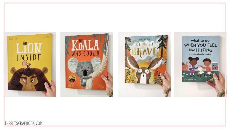 Four children's books about emotions shown on a white background. The books from left to right are: The LIon Inside and The Koala Who Could, both by Rachel Bright. A little bit Brave by Nicola Kinnear, and 'What to do when you feel like hitting' by Cara Goodwin.