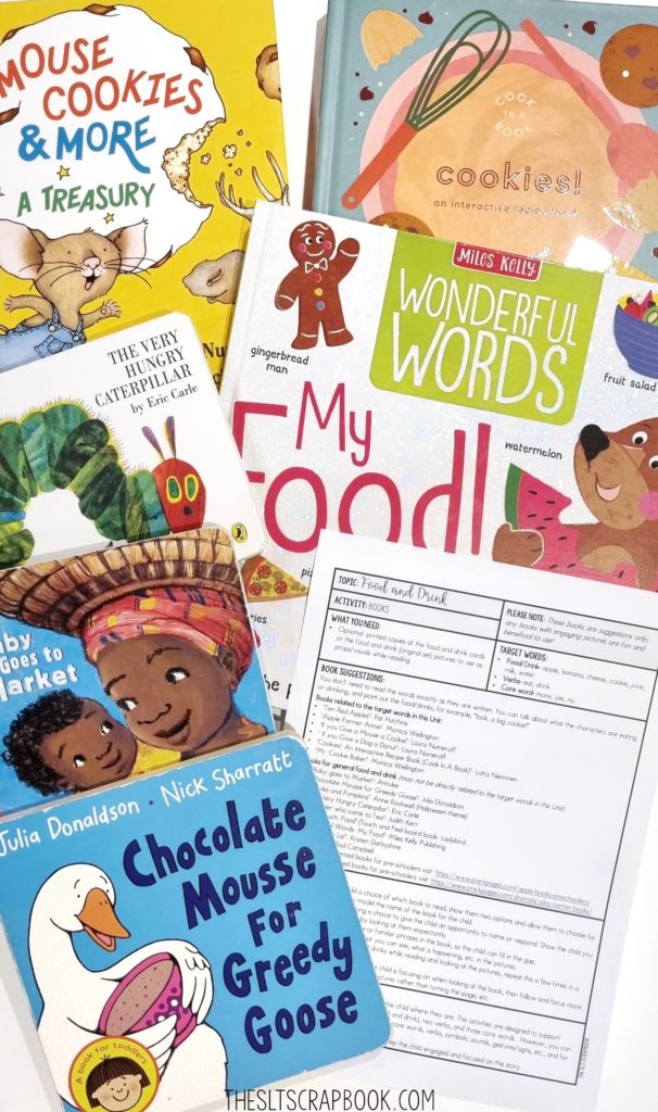 Picture showing a selection of food-themed books for speech therapy. A handout from the Food Themed Early Language Unit is also shown. 