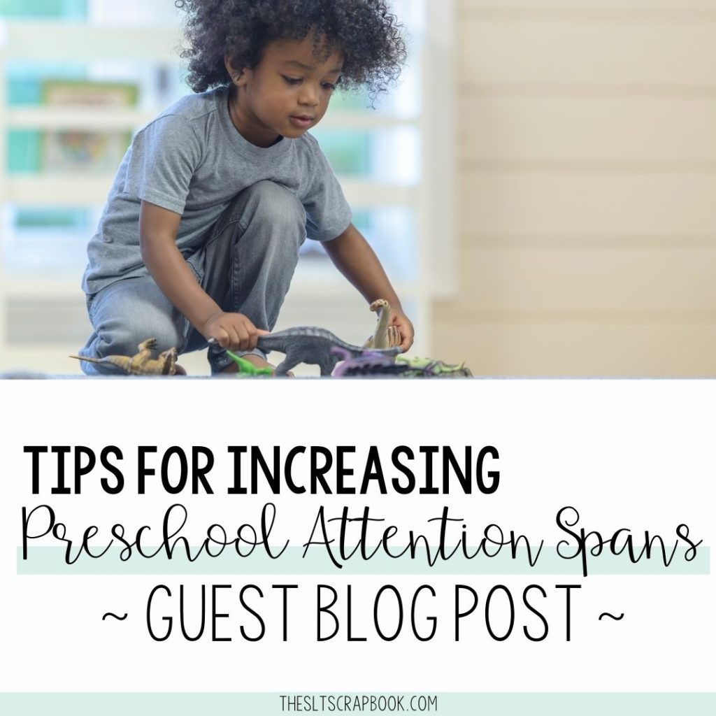 Picture of a young black boy playing with dinosaurs independently. Underneat black text on a white background reads "Tips for increasing preschool attention spans- Guest blog post".