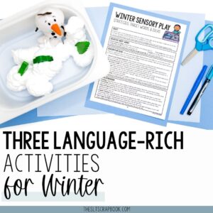 On the top is a picture of a winter sensory bin with the winter sensory bin handout. Underneath black text on a white background reads "three language-rich activities for winter".
