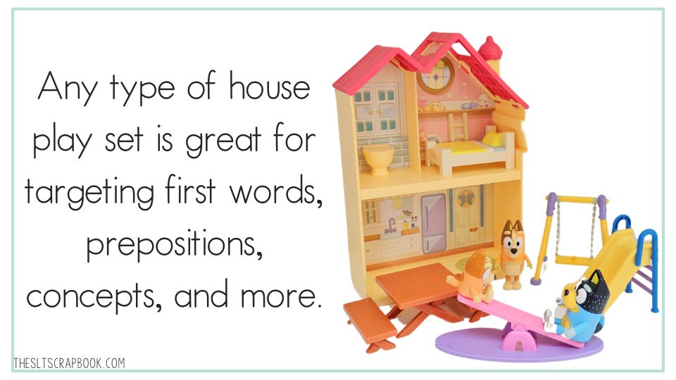 Text reads "Any type of house play set is great for targeting first words, prepositions, concepts and more". On the right is a picture of a small Bluey house, and a few of the Bluey toys set up in a playground scene.