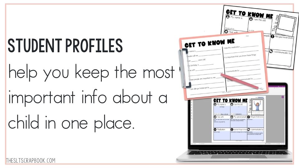 Black text on a white background reads "Student Profiles help you keep t he most important info about a child in one place" on the right are some example pages from the Student Profile paperwork resource.