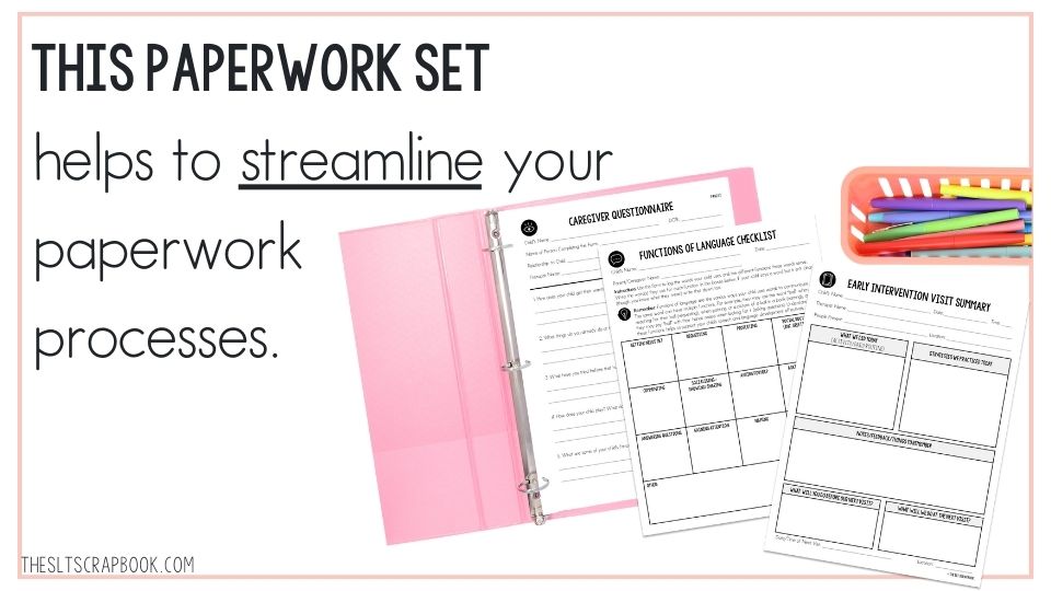 Black text on a white background reads "THIS PAPERWORK SET helps to streamline your paperwork processes." A picture of some pages from the Speech Therapy paperwork resource for SLPs is included.