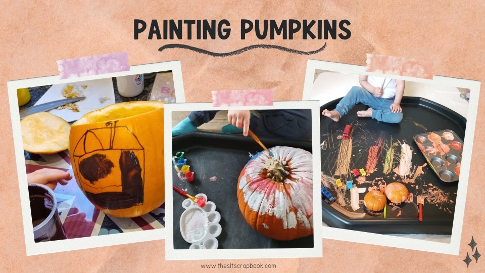 Image shows an orange crinkled paper background with polaroid-style images on the front. The images depict three different activities where a child is painting a pumpkin.