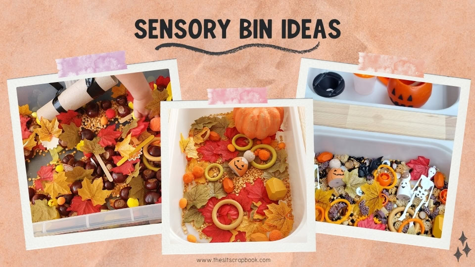Image shows an orange crinkled paper background with polaroid-style images on the front. The images depict three different fall-themed sensory bins, with a range of fall objects, such as conkers, fake leaves, and pumpkin toys scattered around. There are also smaller fall-themed items, like orange pom poms, wooden hoops, etc. scattered in the sensory bins.