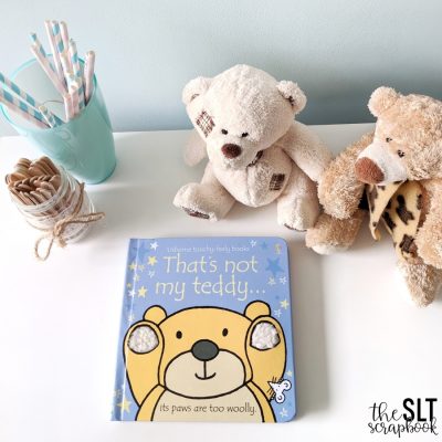 Picture of the 'That's not my teddy' book on a white surface with some teddy bears.