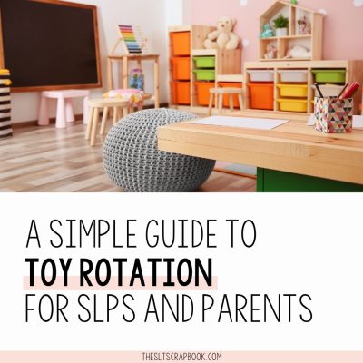 Picture of an organised playroom/therapy room. Text reads "a simple guide to toy rotation for slps and parents"
