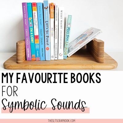 Picture of ten books on a wooden bookstand. Black text on a white background reads "My favourite books for Symbolic Sounds".