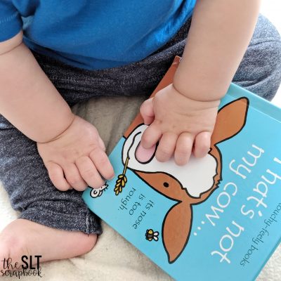 Picture of a child feeling the sensory part on the front cover of the book, beginning to use index finger for this, so can use the book to target pointing.