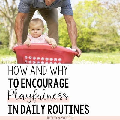 Header image- text reads "How and why to encourage playfulness in daily routines". There is a picture of a father pushing his young daughter on the grass in a laundry basket.