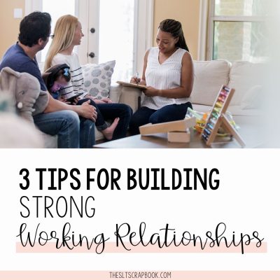 Picture of a therapist talking with parents with a child sat between them. Text reads "3 tips for building strong working relationships".