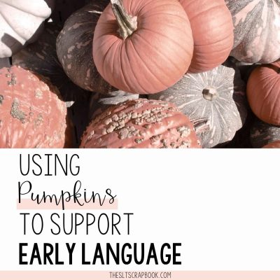Picture of pumpkins in a pile. The text reads "Using pumpkins to support early language".