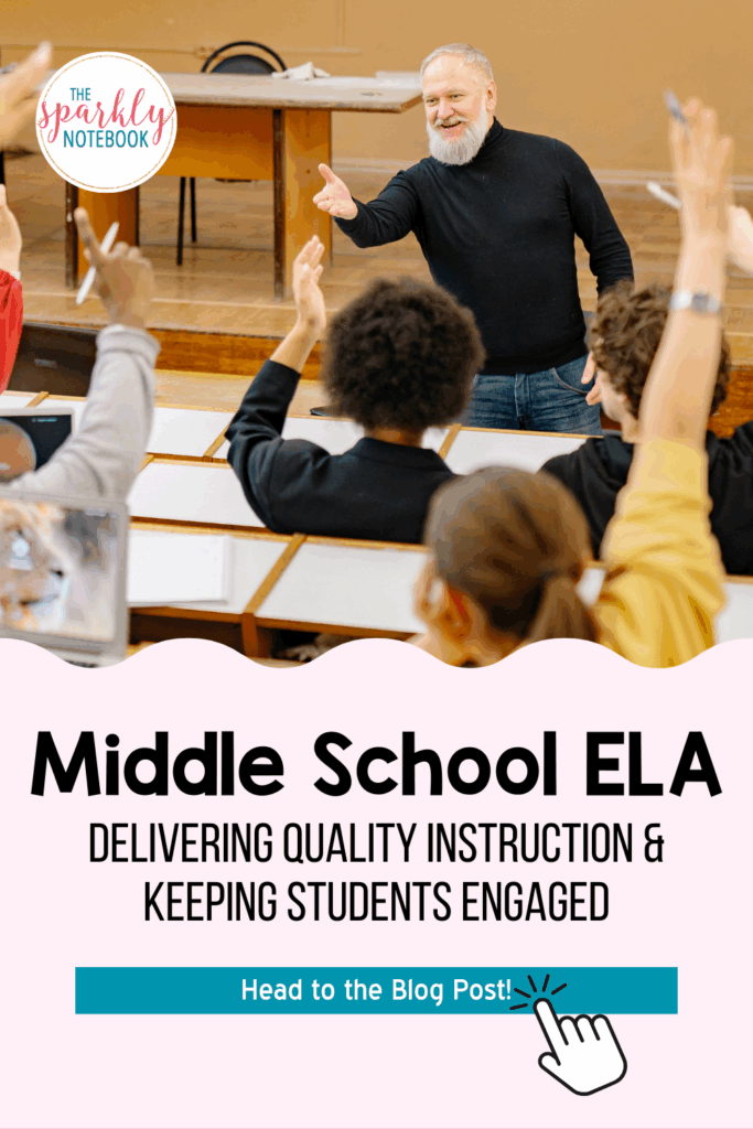 Pin image of a teacher/instructor asking a question and asking one of his students to answer. Text reads, "Middle School ELA: Delivering quality instruction and keeping students engaged."