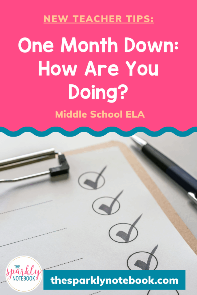 Pin image of a checklist on a clipboard. Text reads, "One month down: How are you doing? - Middle School ELA"