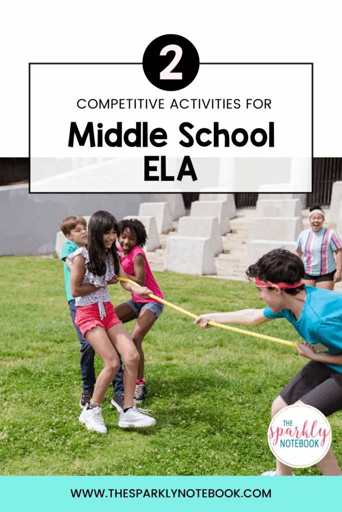 Pin image of students playing tug-of-war outside. Text reads, "2 Competitive Activities for Middle School ELA"
