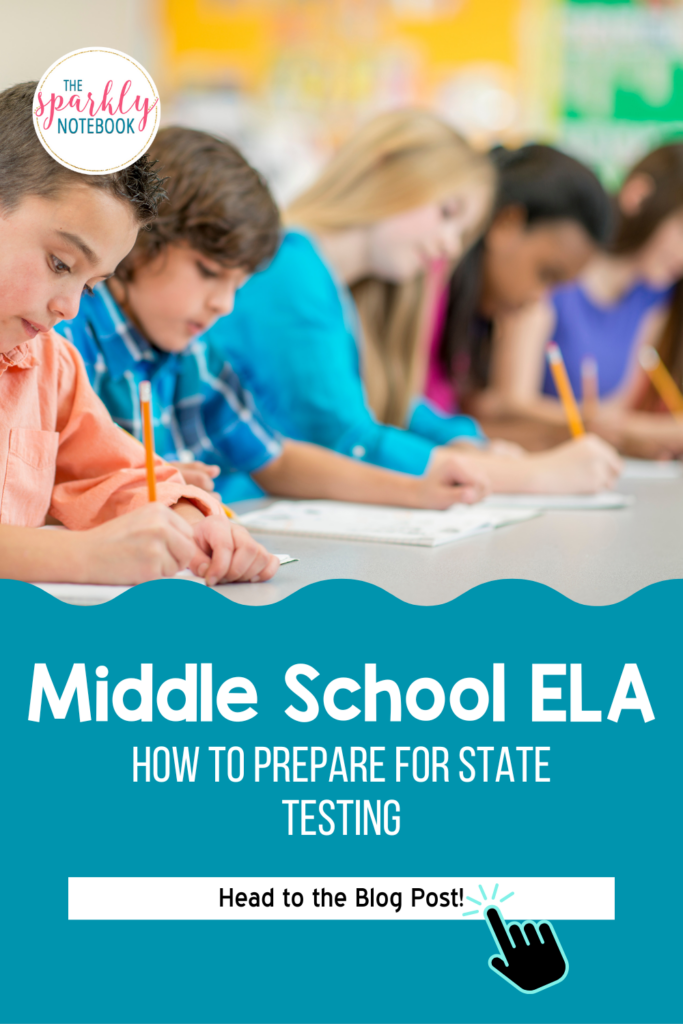 Pin image of several students testing next to each other. The text reads, "Middle School ELA: How to Prepare for State Testing"