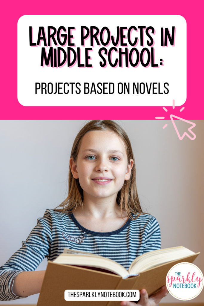 Pin image of a student reading a book. Text reads, "Large Projects in Middle School: Projects based on Novels."
