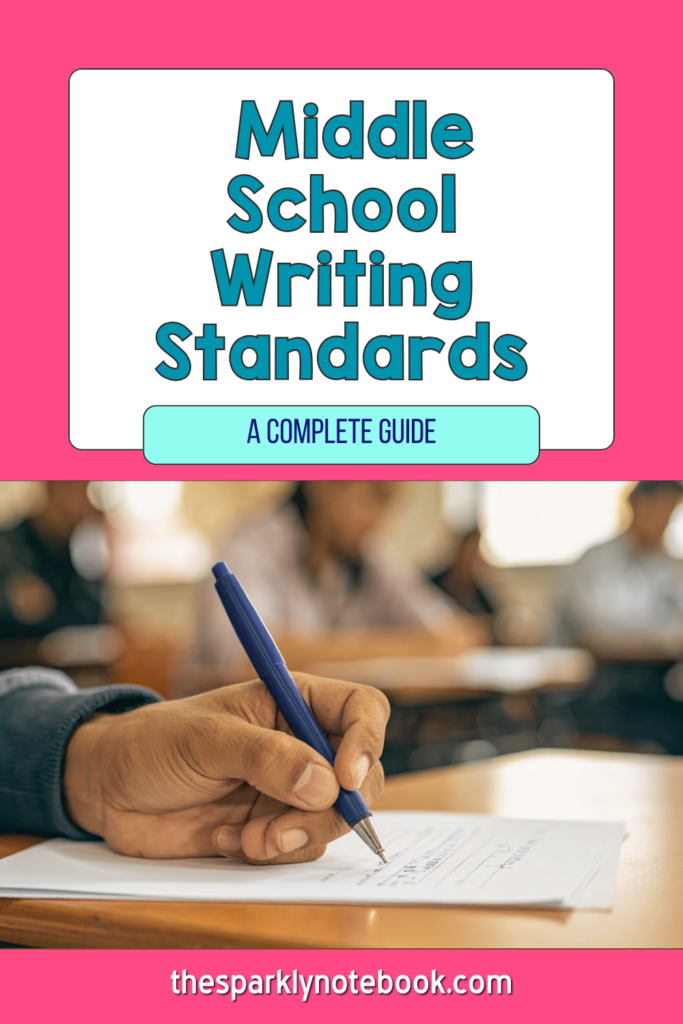 A pin image of a person's hand writing a document. Text reads, "Middle School Writing Standards: A Complete Guide".