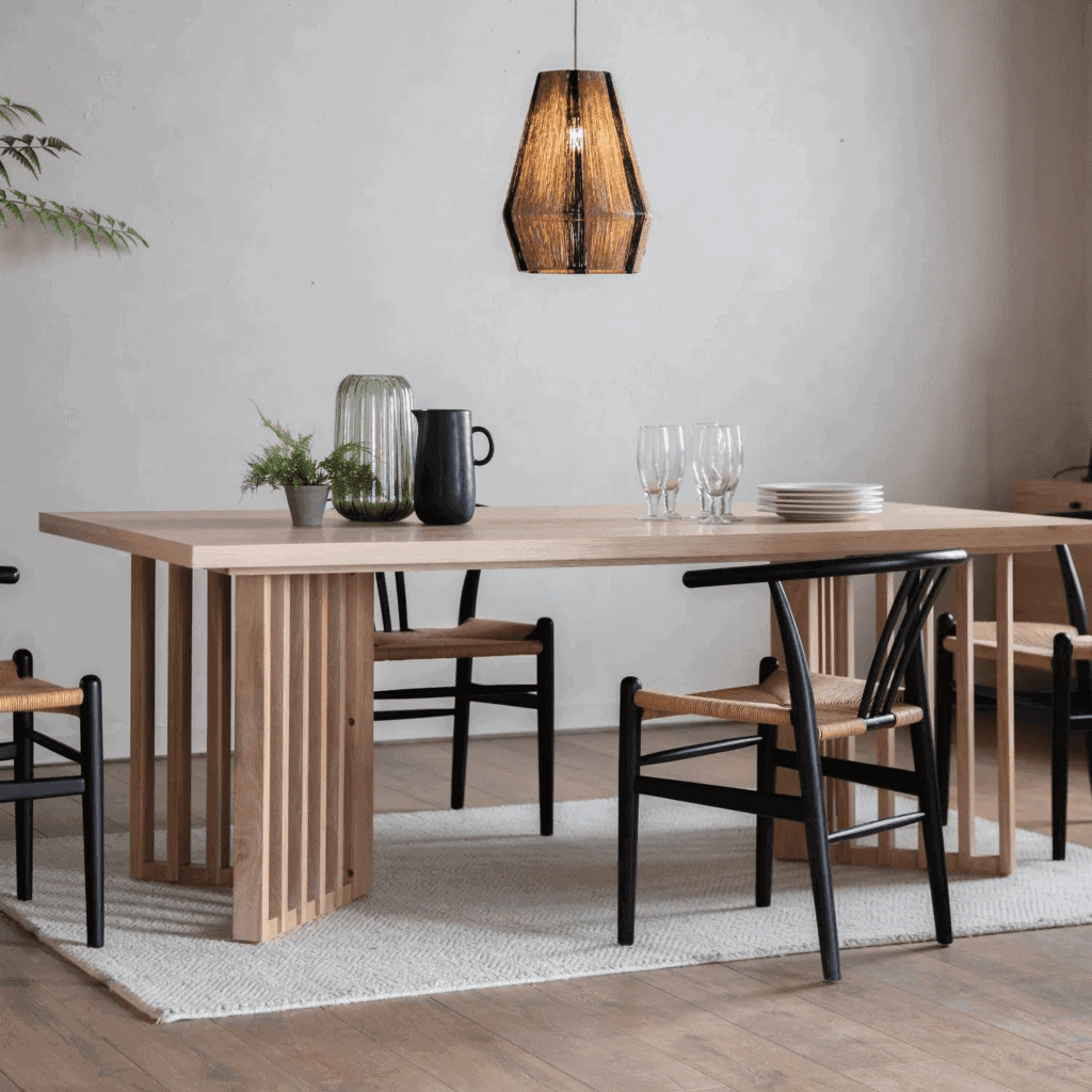 Large Oak Japandi Dining Table with Slatted Chevron Legs