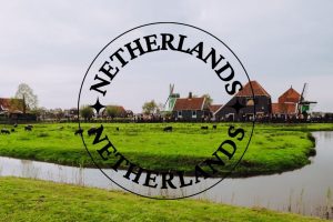 the words netherlands as a destination and a green field with windmills in the background