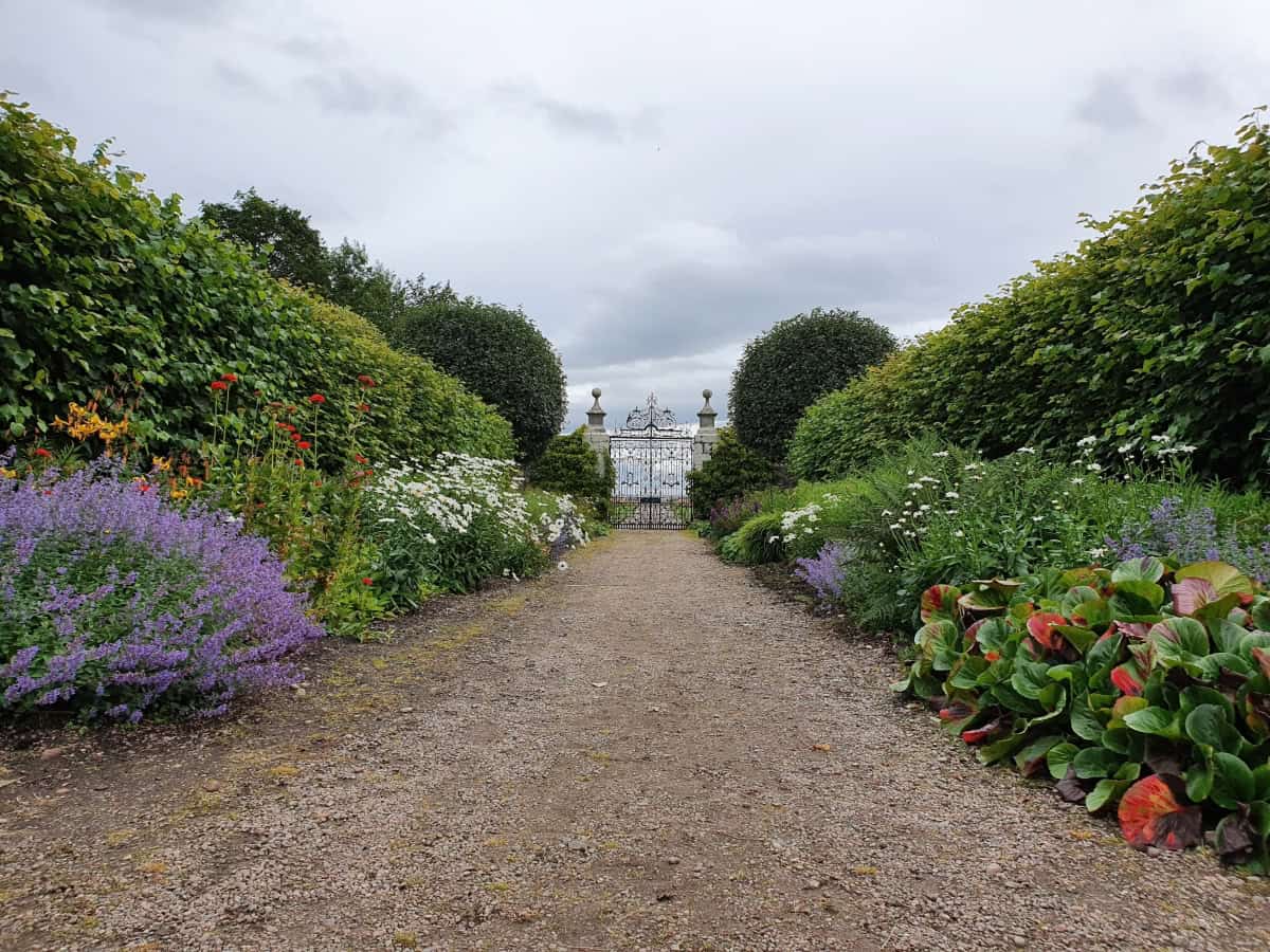 Path lined with colourful hedges leading to an ornate gate.