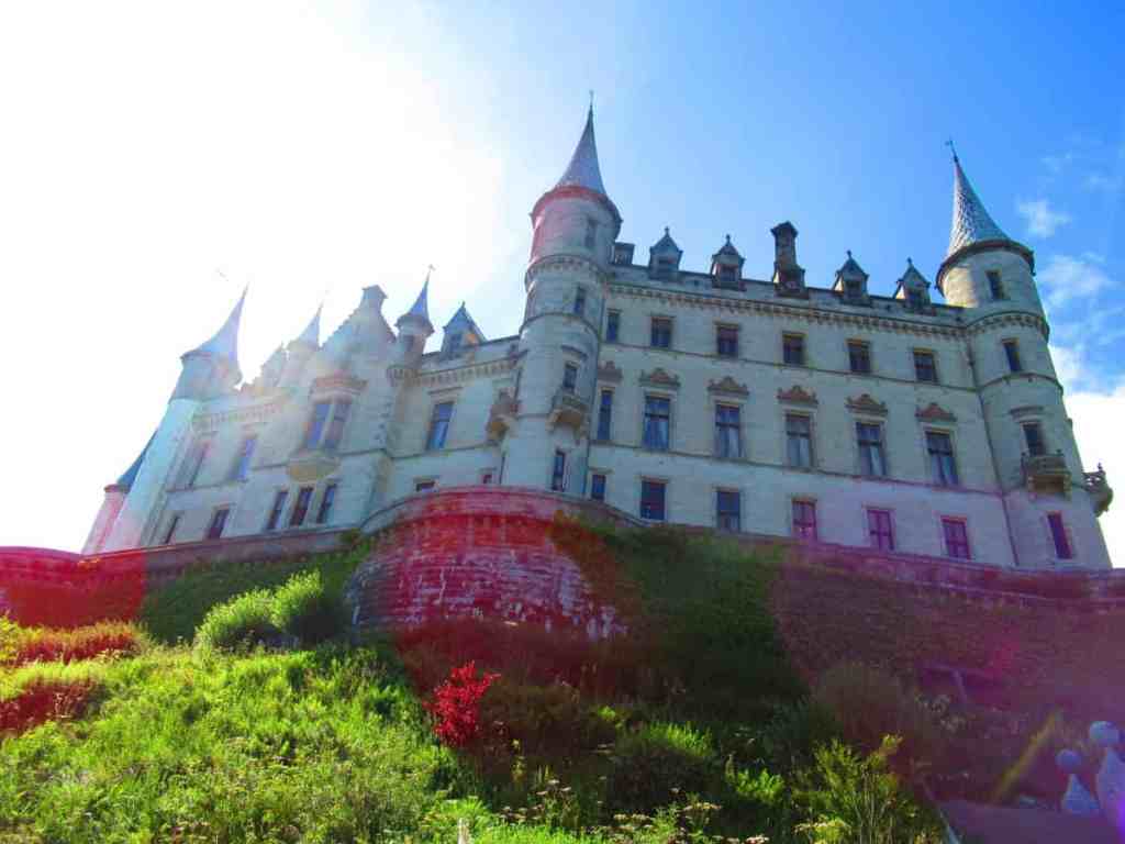 Rear view of Dunrobin Castle with lens flare.