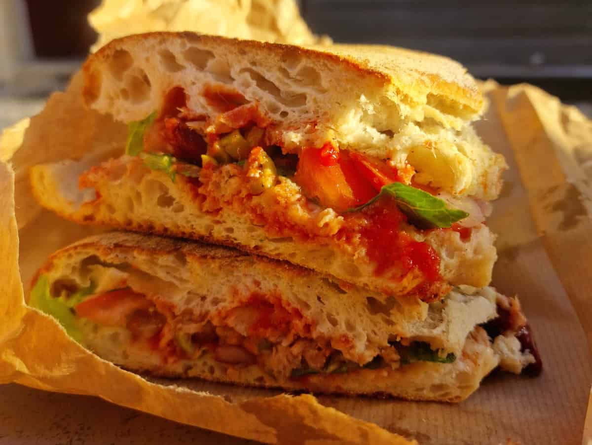 Freshly cut homemade steak and vegetable panini sandwich from The Wandering Woodward.