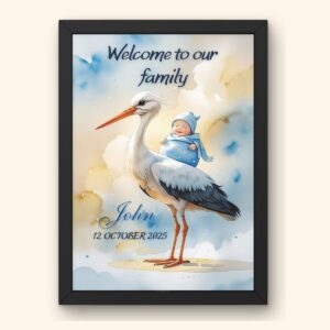 Watercolor stork carrying a smiling baby boy in a blue blanket — personalized birth poster with name and date, perfect baby gift or nursery wall art.