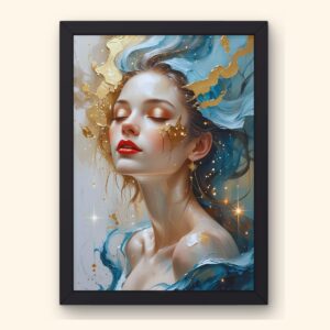 Framed art print featuring a dreamy portrait of a woman with closed eyes, golden and blue abstract accents, and gentle light reflections.