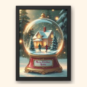 Close-up of personalized Christmas snow globe wall art with “Merry Christmas” message and custom name.