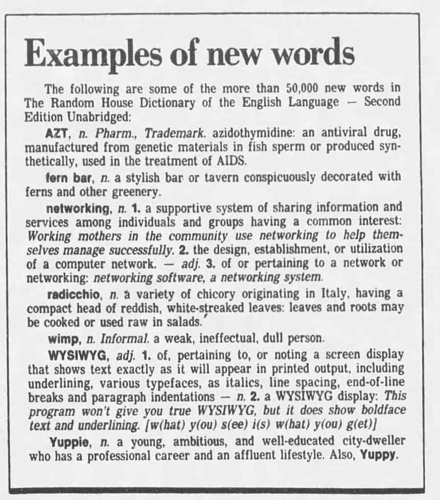 Random House New Words of 1987. Includes a definition of fern bar.