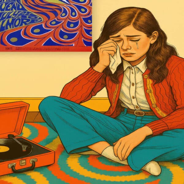Saddest Songs 1970s Girl listening to music on a record player in her bedroom