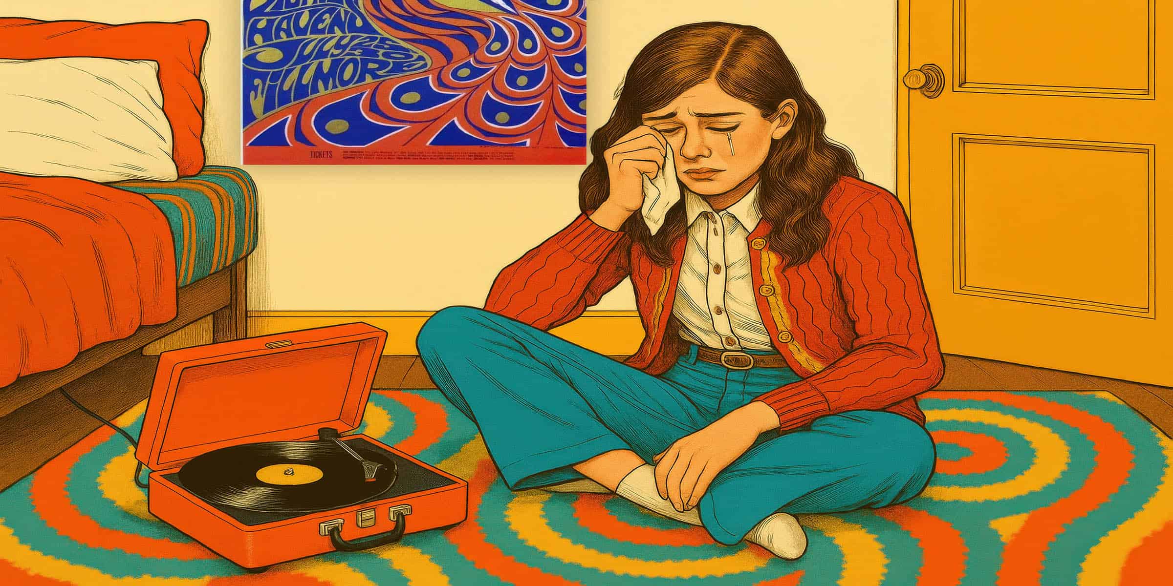Saddest Songs 1970s Girl listening to music on a record player in her bedroom
