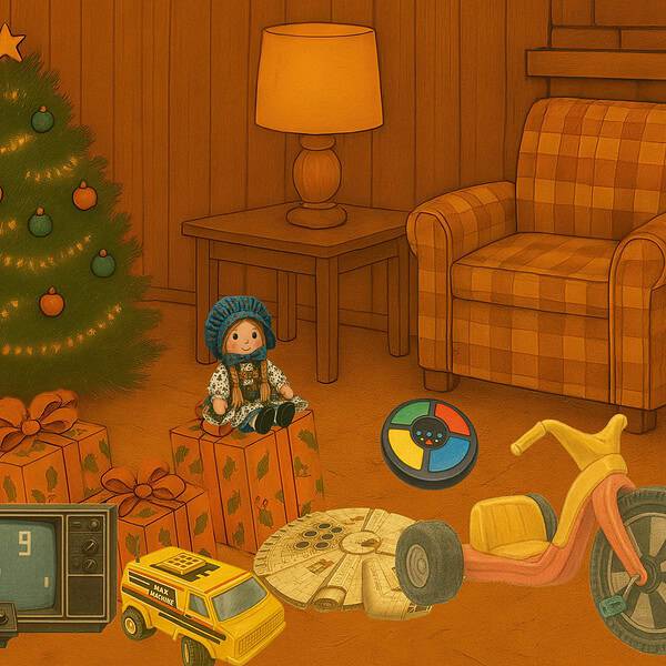 Illustration of living room with the most popular toys of the 70s shown