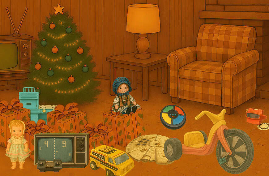 Illustration of living room with the most popular toys of the 70s shown
