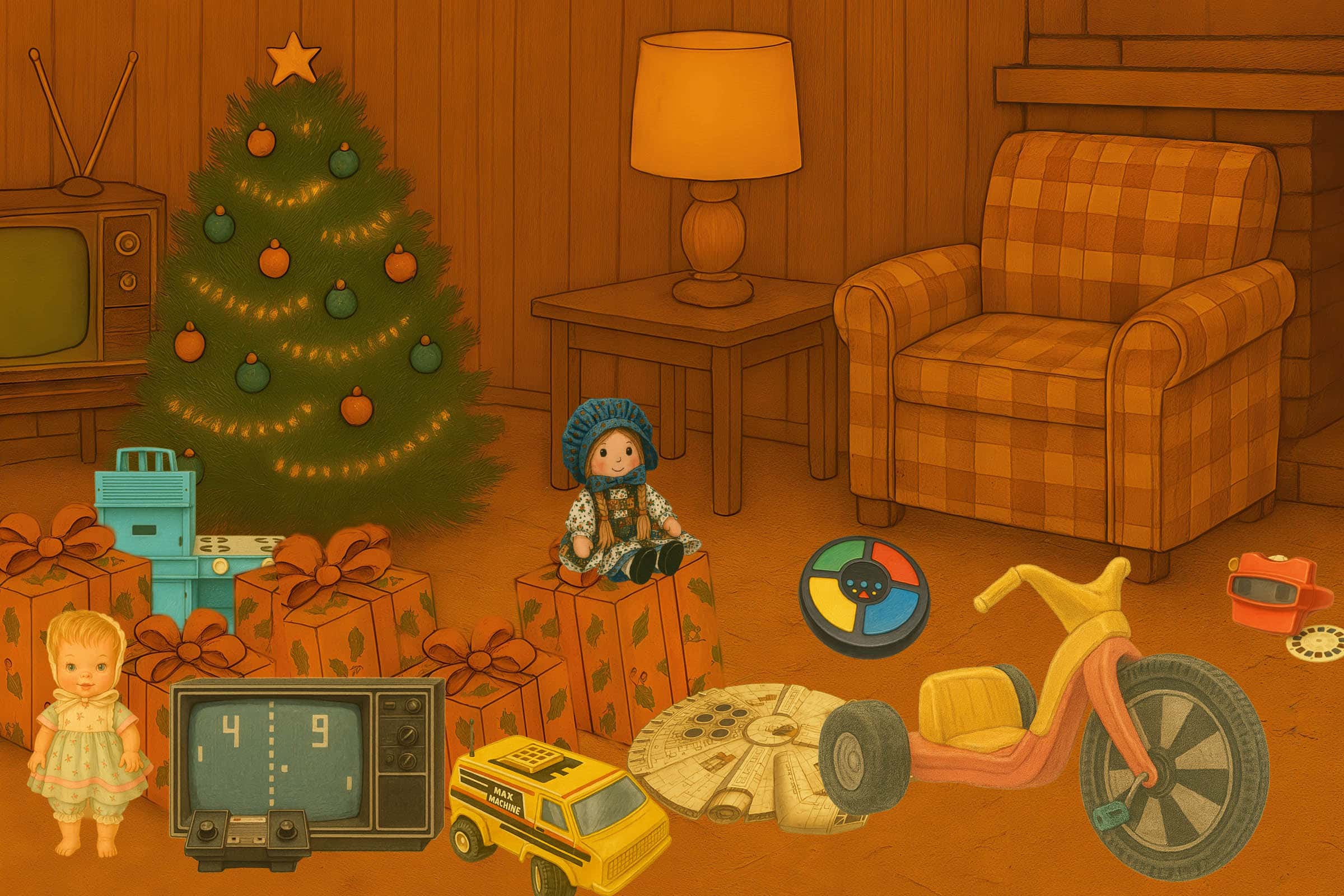 Illustration of living room with the most popular toys of the 70s shown