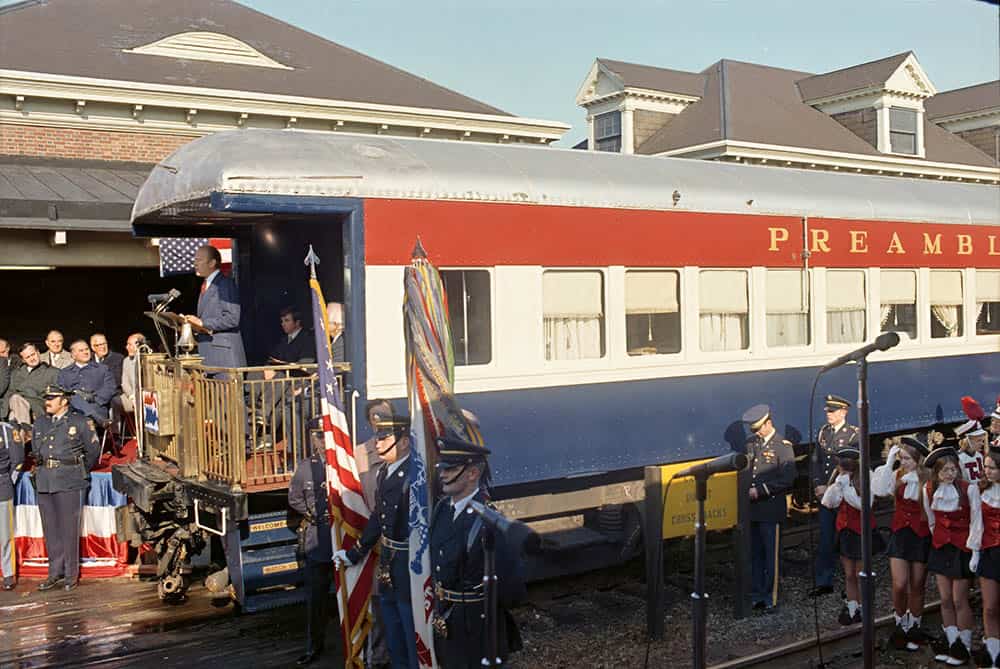 President Gerald Ford speaking from the podium of the American Freedom Train