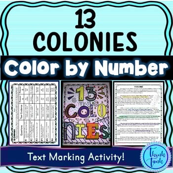 13 Colonies Color by Number, Reading Passage and Text Marking