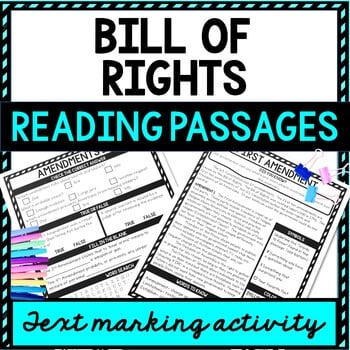 Bill of Rights Reading Passages, Questions and Text Marking + Word Search