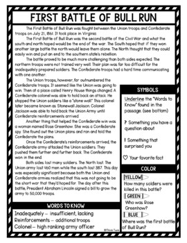 Civil War Battles Reading Passages, Questions and Text Marking