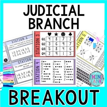 Judicial Branch Breakout Activity - Task Cards Puzzle Challenge - Civics