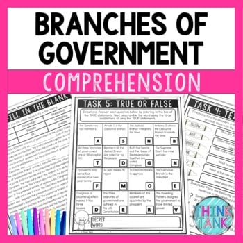 Branches of Government Reading Comprehension Challenge - Close Reading Activity
