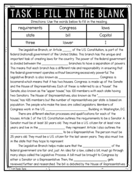 Legislative Branch Reading Comprehension Challenge - Close Reading - Congress - Image 2