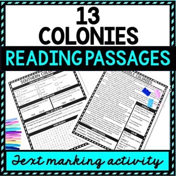 13 Colonies Reading Passages, Questions and Text Marking + Word Search