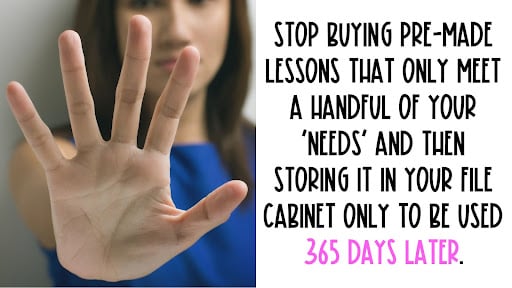 woman with hand out saying "stop buying lessons"