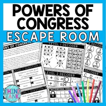 Powers of Congress Escape Room - Task Cards - Reading Comprehension