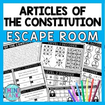 Articles of the US Constitution Escape Room - Task Cards - Reading Comprehension